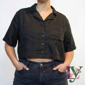 Universal Thread Black Linen Blend Short Sleeve Button Up Cropped Shirt XL
